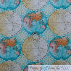 BonEful FABRIC FQ Cotton Quilt Aqua Blue Gold Old World Map Globe Nautical Dot L