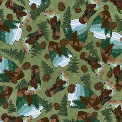 P&B Textiles – Bigfoot Country – Sasquatch Toss – Green, Fabric BTY