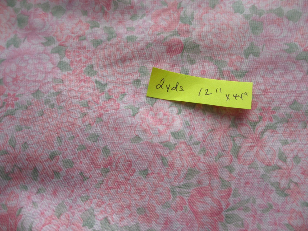 Vintage Pastel Pink and Green Floral Flowers Cotton Fabric Over 2 Yards