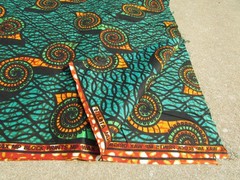 African Real Wax MP Block Prints Original Fabric Green Orange Black Swirls 2 Yds