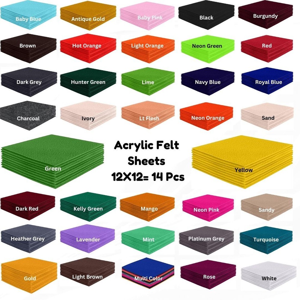 FabricLA | Acrylic Felt Fabric Pre Cut 12X12 Inch Square Sheets | 14 Pieces