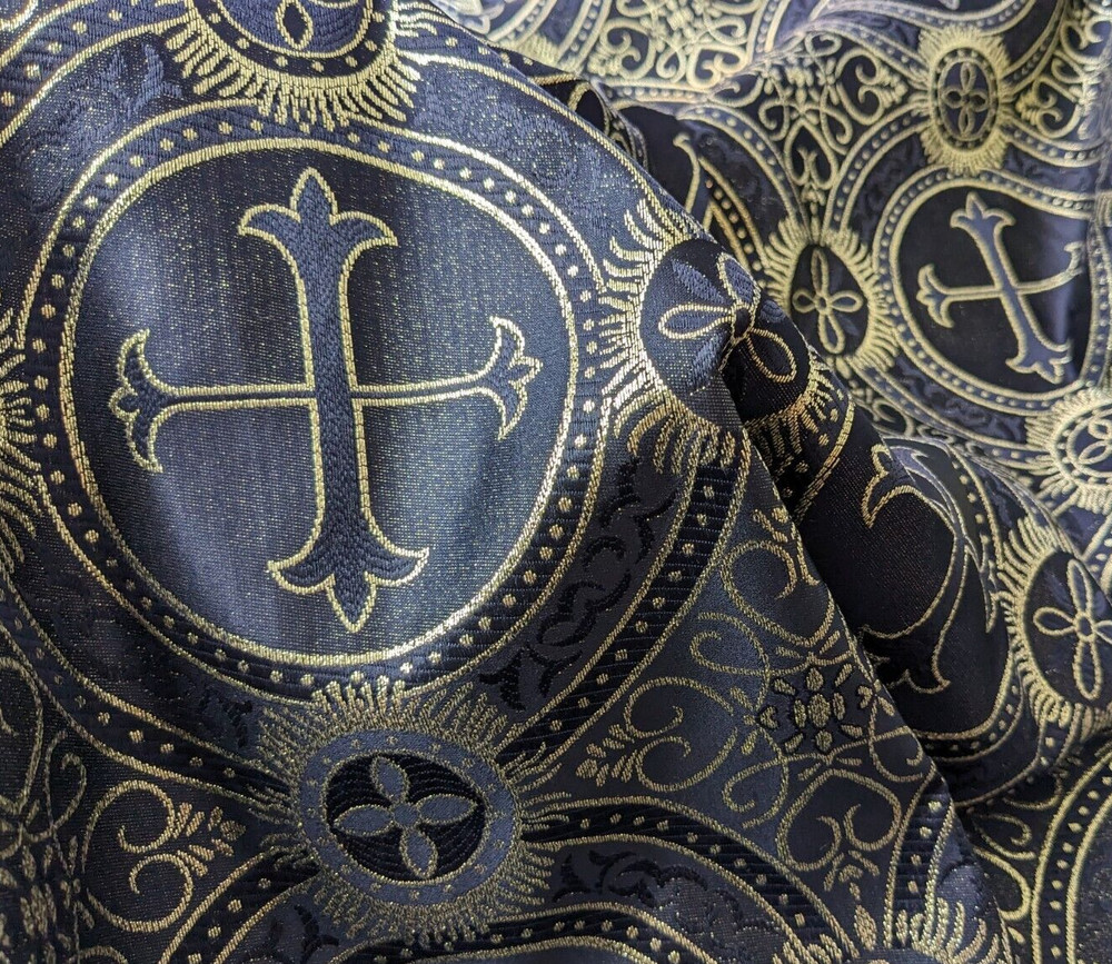 Black Gold Metallic Brocade Fabric Cross Religious Reneissance Gothic Church BTY