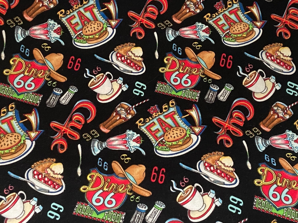 Retro 50’s Roadside DINER Cafe Route 66 Signs Food Black COTTON FABRIC 34″ x 43″