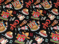 Retro 50’s Roadside DINER Cafe Route 66 Signs Food Black COTTON FABRIC 34″ x 43″