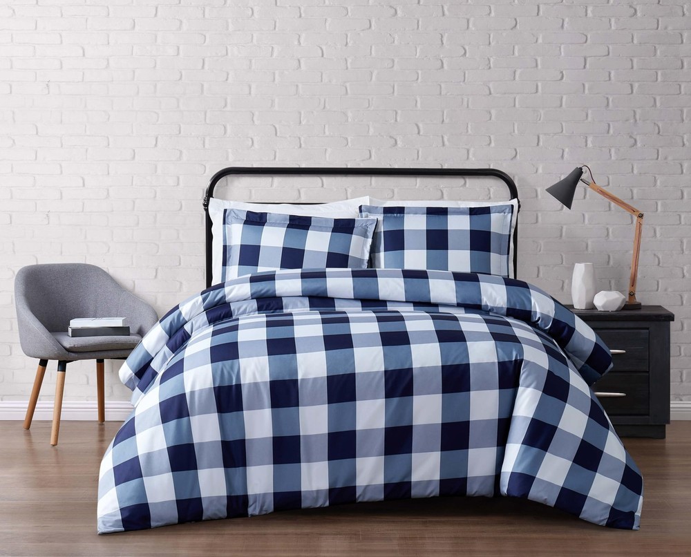TRULY SOFT Everyday Buffalo Plaid Navy Blue Polyester 3-Piece King Duvet Set