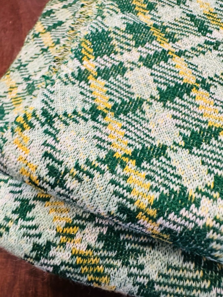 Vintage 1970s Double Knit Polyester PLAID Fabric GREEN YELLOW GRoovy 64″ x 65″
