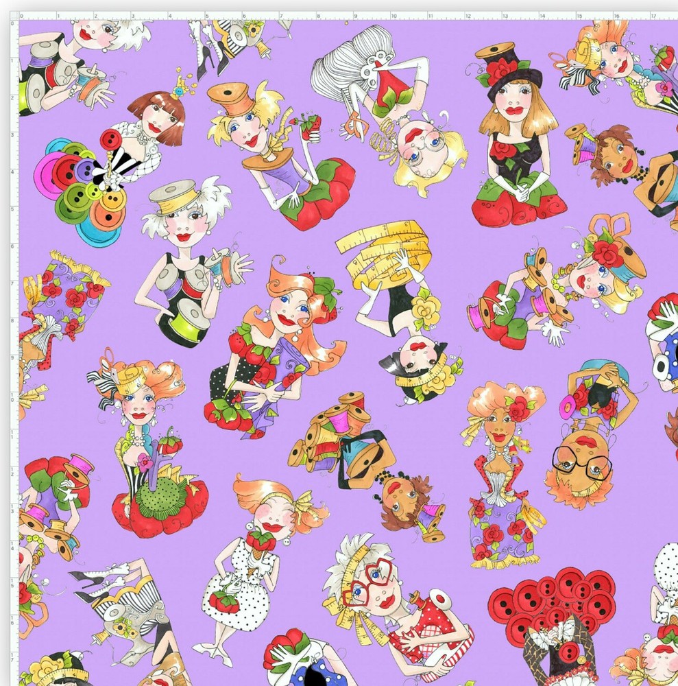 Sewing Lady Toss Fabric By Yard Purple Ladies Sew Curious Loralie Designs Cotton