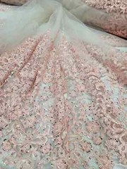“Rose Pink Beaded Sequin Embroidered Lace Fabric with Scalloped Edges – Sold by
