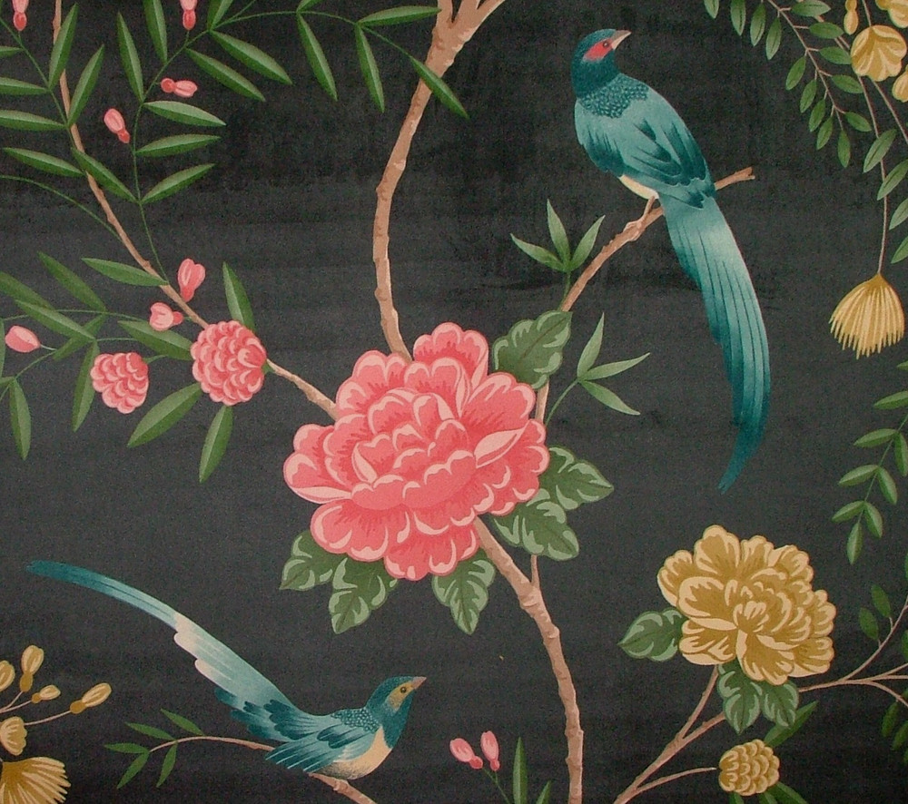 Velvet Fabric Curtain Upholstery Wagtail Bird Floral Slate Cushion 15 Metres