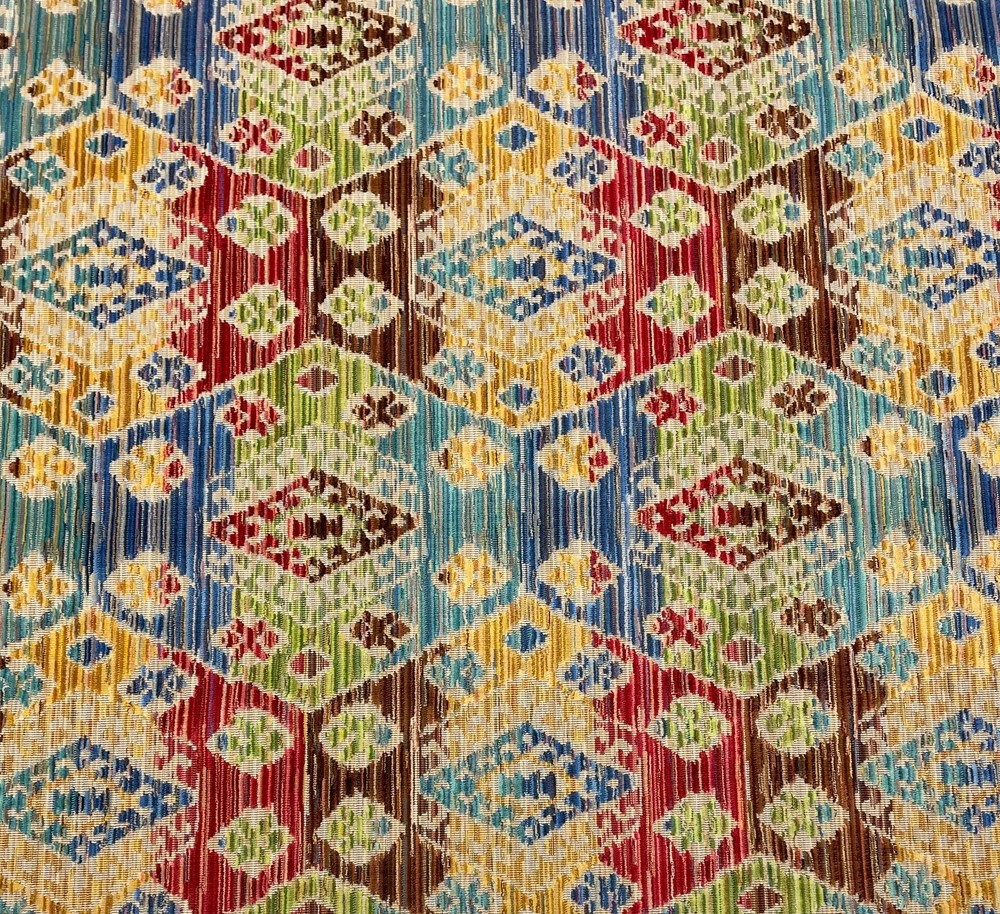 LEE JOFA BISTI VELVET MULTI RED BLUE GEOMETRIC EXCLUSIVE FABRIC 2.1 YARDS 51″W