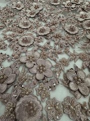 3D Floral Lace Fabric Light Mauve Beaded Embroidered Bridal Wedding Lace