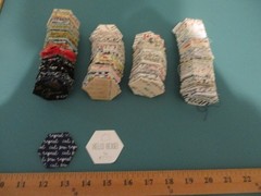 Quilt Block Fabric Basted 1″ Hexagons Lot of 211 All Print Words for EPP Crafts