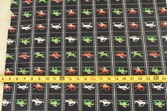 By 1/2 Yd, Red Green White Racehorses on Black Quilt Cotton, Goldinger, B1436