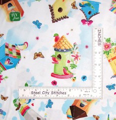 Birdhouse Butterfly Bird Garden Flower Toss Cotton Fabric QT Blessed By The Yard