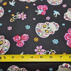 2-7/8+yds David Textiles Sugar Skulls Fabric Day Of The Dead Glitter Flowers