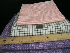 4 PIECES OF FABRIC LAVENDER PINK STRIPED WITH FLOWERS AND BLACK AND WHITE CHECKS