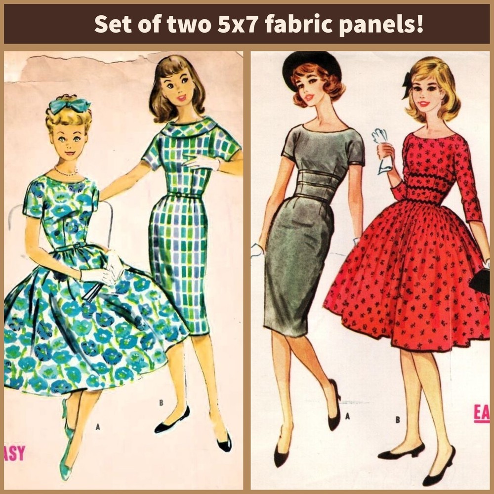Set of TWO Vintage Retro Dress Pattern Ladies 5×7 Cotton FABRIC Blocks