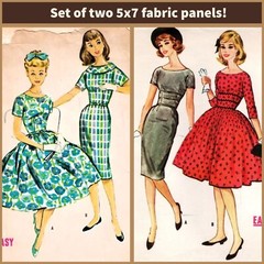 Set of TWO Vintage Retro Dress Pattern Ladies 5×7 Cotton FABRIC Blocks