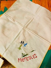 Handcrafted ” DAYS OF WEEK” SPANISH- EMBROIDERED DISH CLOTHS.SET OF FOUR.