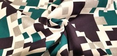 Geometric Squares in Green, Black, Silver on Cotton/Linen Duck Cloth from Japan
