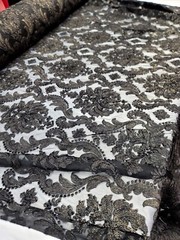 Embroidered Stretch Lace Apparel Fabric Sheer Black Floral Gold Accent – 52″ Wid