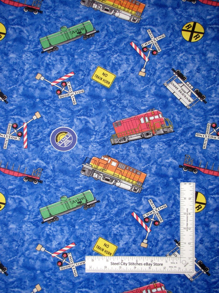Train Fabric By Yard Locomotive Engine Cars Signals Blue Tonal Avlyn Cotton