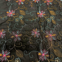 Embroidered Quilted Black/Fuchsia Poly Nylon Padded Fabric Lot of 2 Yards $20