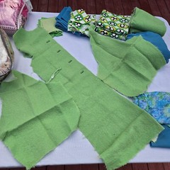 Vintage Fabric Scrap LOT Lime Green Wool Blue Mid Century Mod Aunt Leo D5