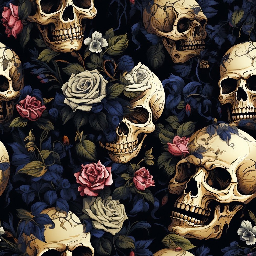 Skulls and roses Printed Cotton Fabric By The Yard
