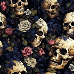 Skulls and roses Printed Cotton Fabric By The Yard