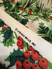 Vintage Christmas Fabric Spring Mills Red Green Holly Berry Pine 2 Pieces
