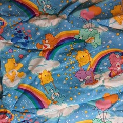 Care Bears Cartoon Print Fabric Blue Rainbow Clouds 44″ W x 89″ L NWOT Vintage