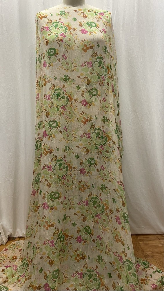 100% Silk Vibrant Multi Color Floral Lurex Chiffon Fabric 2 Yds Long 46 ” Wide