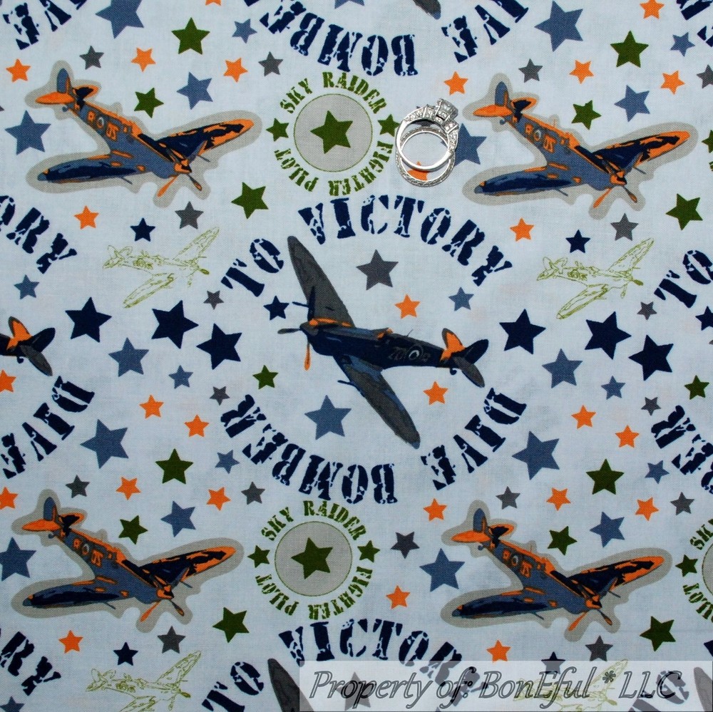 BonEful Fabric FQ Cotton Quilt Blue Boy Military Airplane Force Green Camo Star