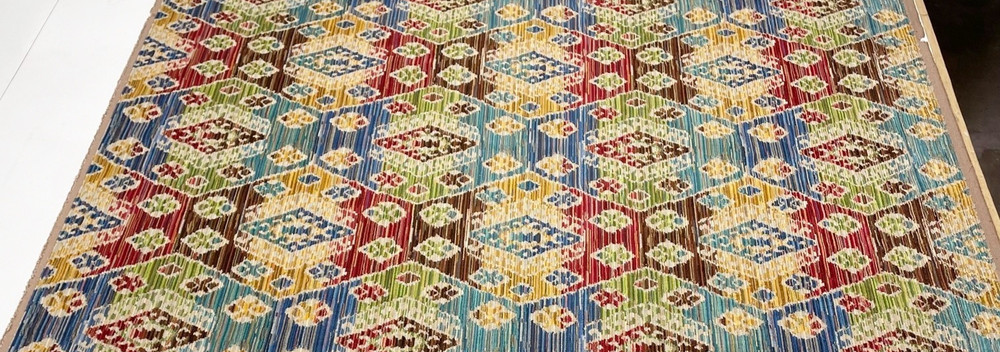 LEE JOFA BISTI VELVET MULTI RED BLUE GEO EXCLUSIVE FABRIC REMNNANT 30″ LONG 51″W