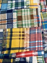 VTG ‘70’s Colorful Faux Madras Plaid Patchwork 3 ” Squares Cheater Quilt BTFQ