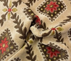 DESIGNER FLORAL ROSETTE VELVET BEIGE RED GEO FLORAL VINE FABRIC 2 YARD 43″W