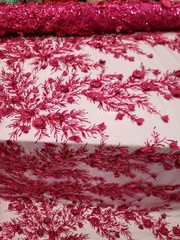 Flower 3D Lace Fuchsia Beaded Lace 3D Embroidered Fabric by Yard For Dress Prom