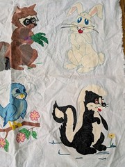 Vintage Hand-Painted Woodland Animal Fabric Panels (2) 19×22 Squirrel Raccoon