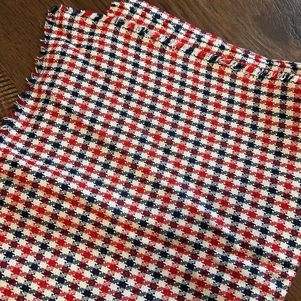 Vintage 70s Red Navy Blue White Gingham Woven Scrap Fabric 60”x40” Americana