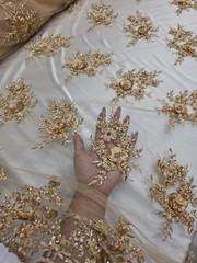 Gold 3d Lace Embroidered 3d Floral Beaded Fabric Sold By The Yard Scalloped