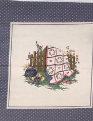 Quilt Scene 2 Block Panel Stone Blue Border Fan Quilt Applique Blocks Fabric 17″