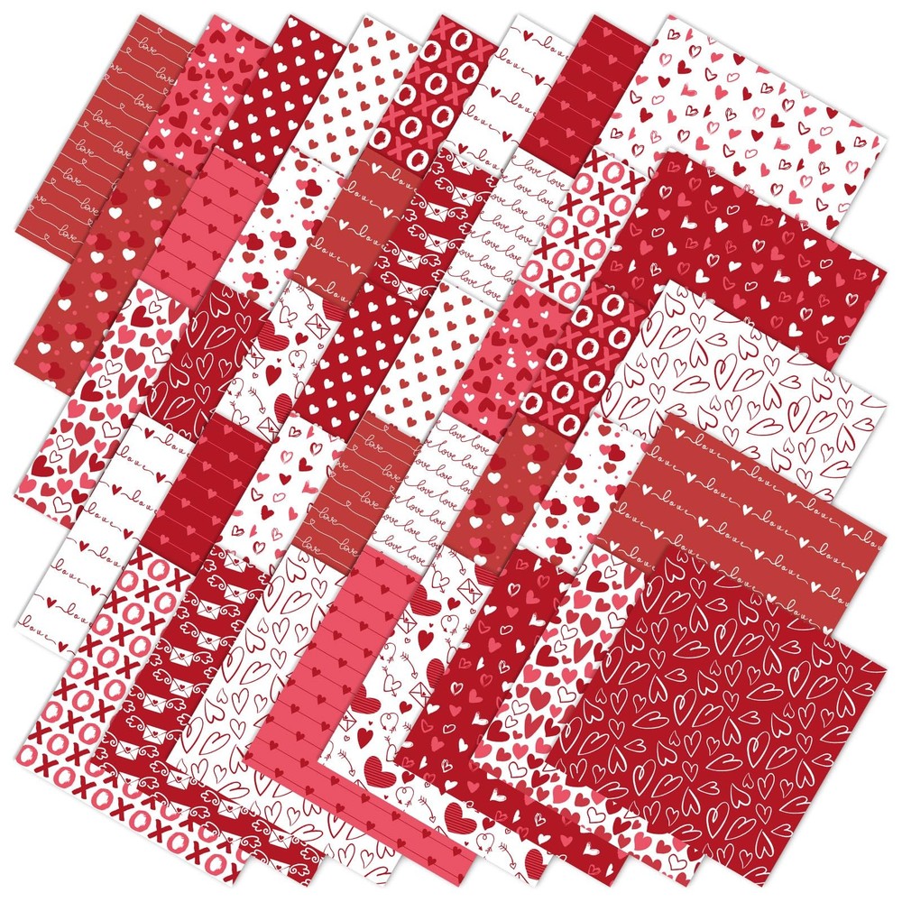 40Pcs Valentine’s Day Cotton Fabric Bundles 10 x 10 Inch Red White Love Heart Fa