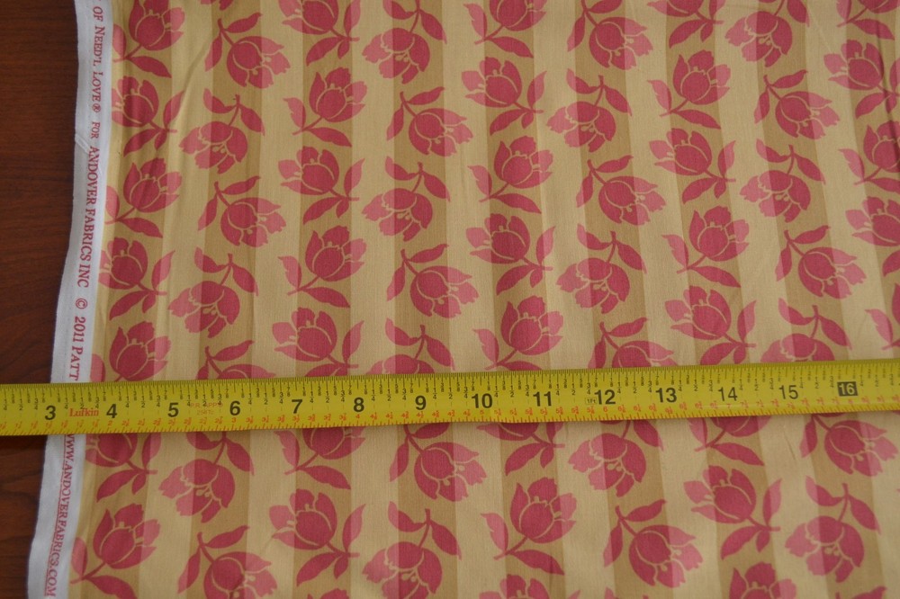By 1/2 Yd, Deep Pink Floral on Yellow & Gold Striped, Andover/Nanneman B114