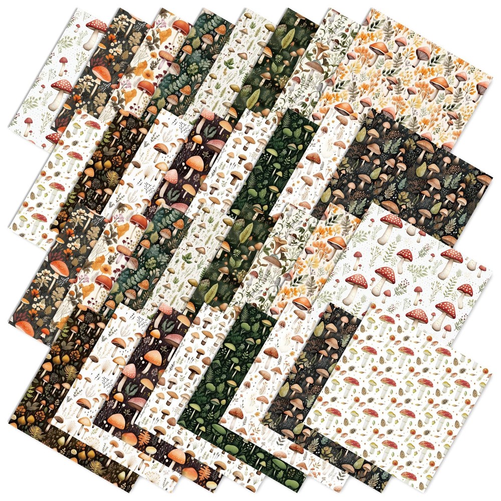 32 Pcs Mushroom Fabric Squares Forest Plants Cotton Fabric Bundles Small Mush…