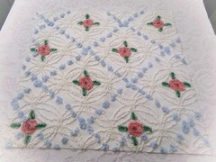 Pink Roses in Winter Vtg Chenille Bedspread Fabric Romantic Floral Dot 22″ x 20″