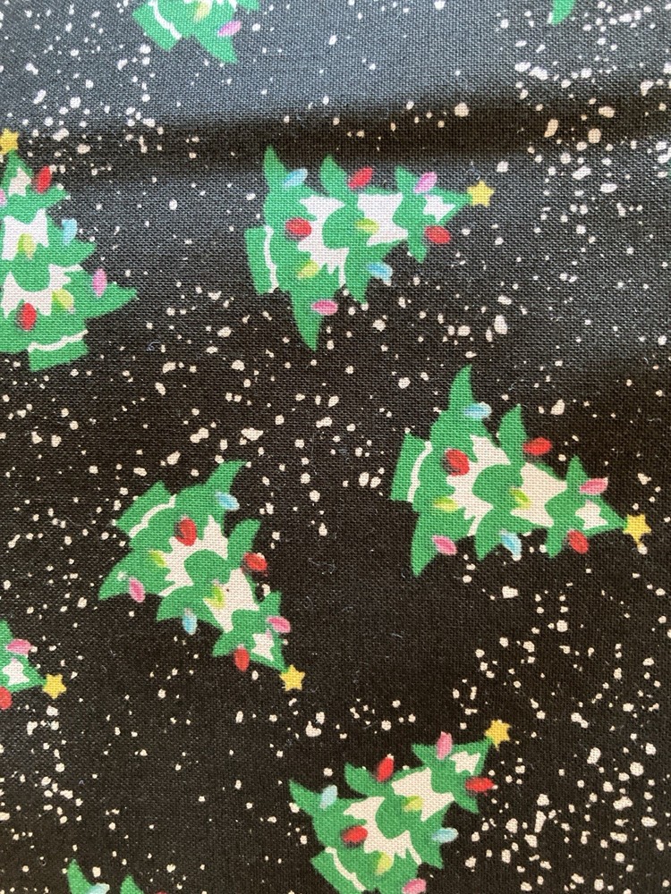 Green Trees Red Pink Blue Lights White Speckled on Black Cotton Fabric 3Y x 44″W