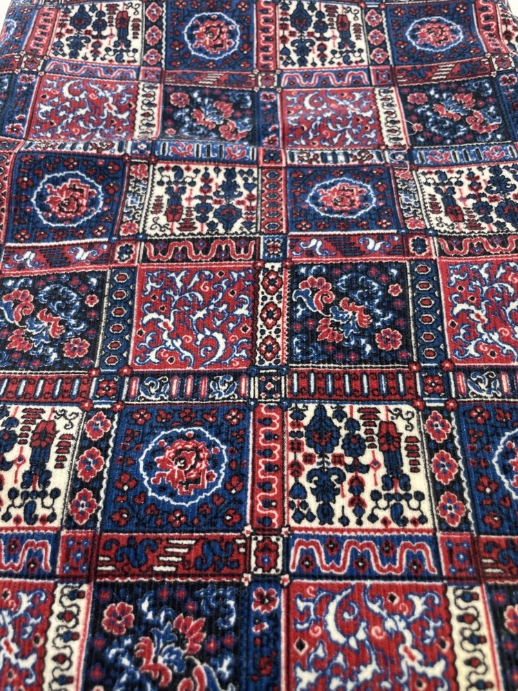 Vintage Corduroy Fabric – Bakhtiari Tribal Square Print Style – Burgundy & Blues