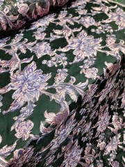 Pink Mauve Floral Brocade Fabric Sold By The Yard Black Organza Bridal Prom Dres