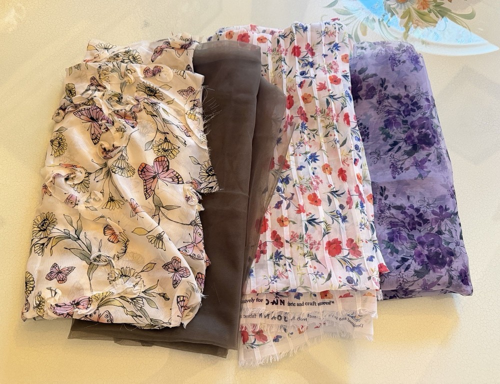 Floral Fabric 4pc Lot, Premium Tulle, Organza, 3D & Pleated Chiffon 8+Yds